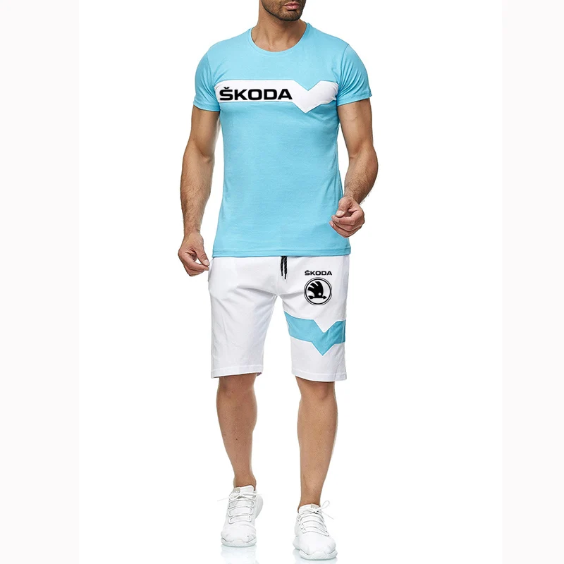 2022 Erkek Skoda araba logosu Spor Baskı Spor Koşu 2 adet Takım Elbise Futbol Spor Salonu Spor T-Shirt + şort Setleri Görüntü 1