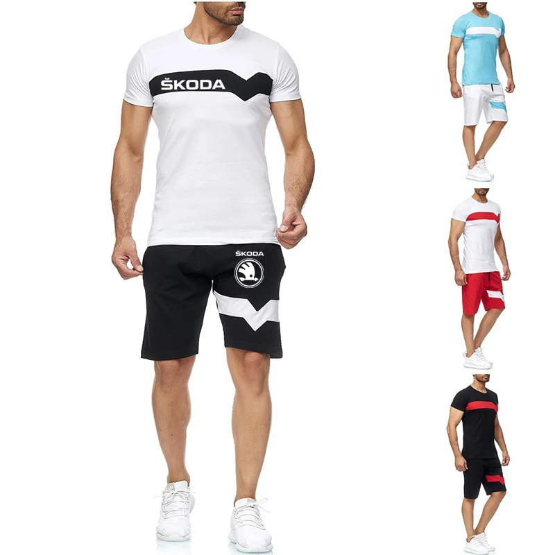 2022 Erkek Skoda araba logosu Spor Baskı Spor Koşu 2 adet Takım Elbise Futbol Spor Salonu Spor T-Shirt + şort Setleri Görüntü 3