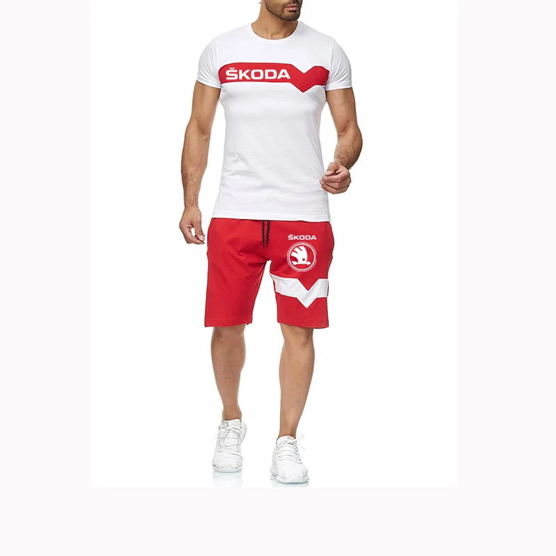 2022 Erkek Skoda araba logosu Spor Baskı Spor Koşu 2 adet Takım Elbise Futbol Spor Salonu Spor T-Shirt + şort Setleri Görüntü 4