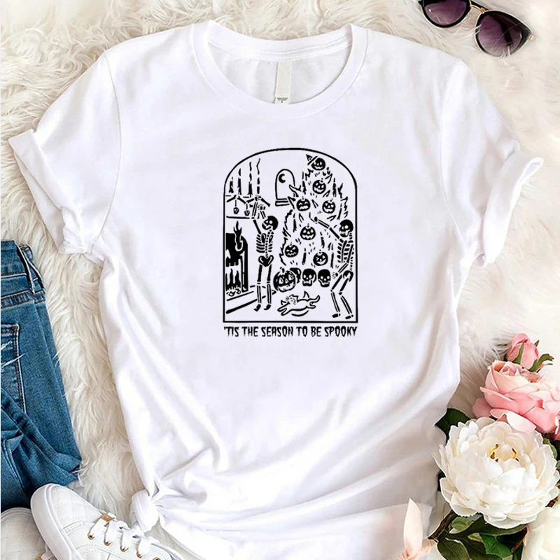 Bu Sezon Spooky Kadın T Shirt Pamuk Grunge Elbise Boho Cadılar Bayramı Cadı Grafik Tee İskelet Tshirt Dropshipping Görüntü 4