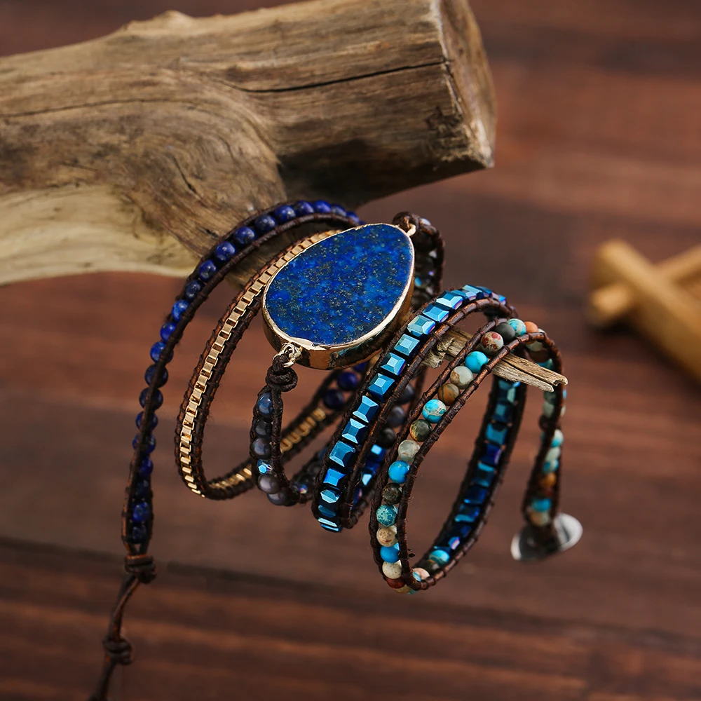 Gözyaşı Lapis Lazuli Deri sargı bilezikler Kadınlar için Boho Kristal Doğal Taş Boncuklu Bilezik Paslanmaz Çelik Zincir ile Görüntü 2