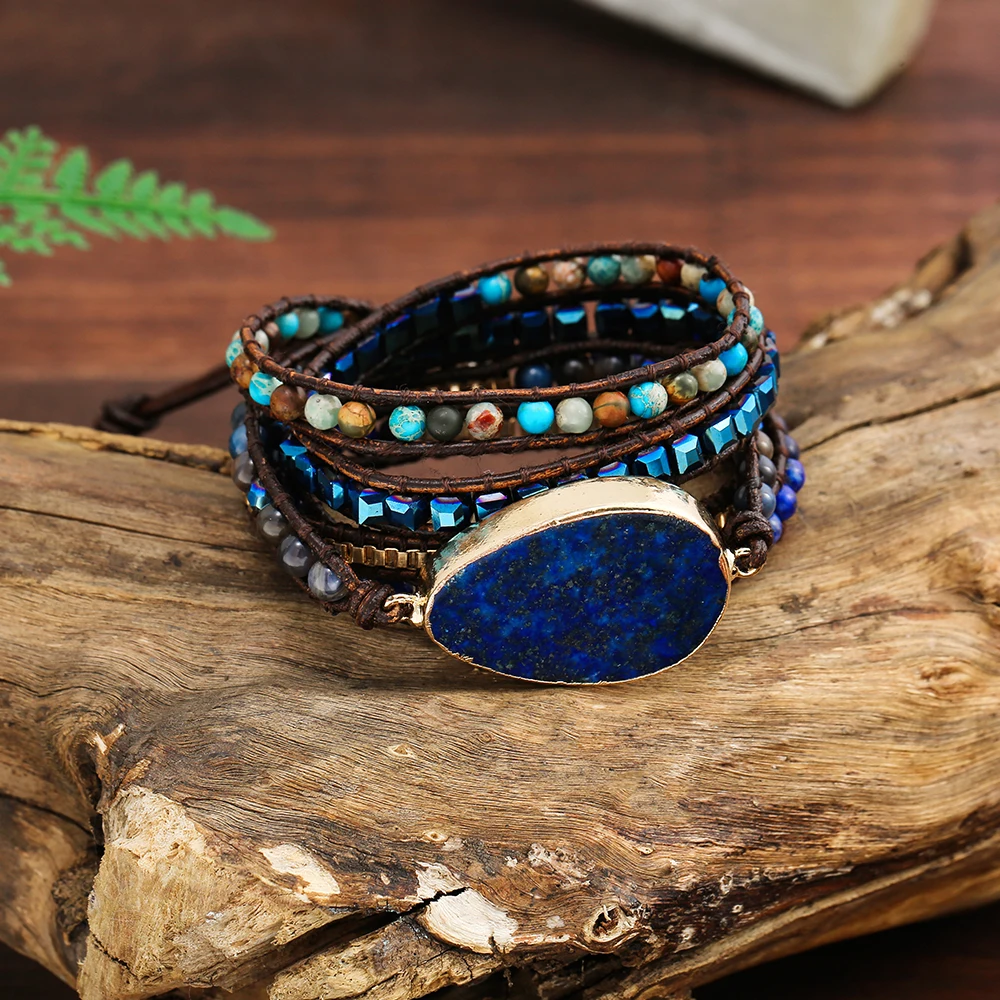 Gözyaşı Lapis Lazuli Deri sargı bilezikler Kadınlar için Boho Kristal Doğal Taş Boncuklu Bilezik Paslanmaz Çelik Zincir ile Görüntü 4