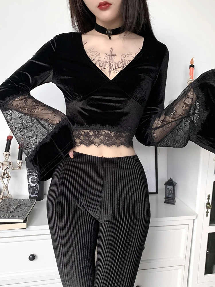 InsGoth Seksi Kadınlar Gotik Kırpma Üst Flare Uzun Kollu dantel kesik dekolte siyah tişört Retro Bodycon Kadın v yaka Üstleri Zarif Üst Görüntü 2