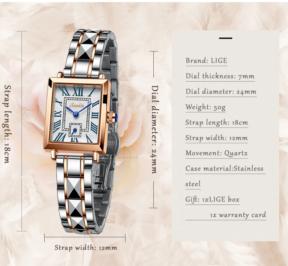LIGE Marka SUNKTA Kadın Saatler Moda Kare Bayanlar quartz saat Bilezik Seti Arama Basit Gül Altın Lüks Kadın Saatler 2022 Görüntü 2