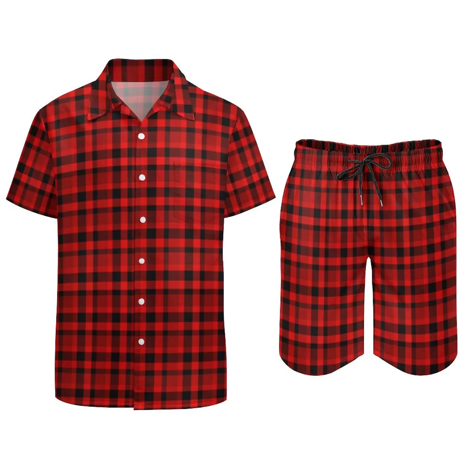 Retro Dama Tahtası Erkekler Setleri Kırmızı Ekose Çiftlik Evi Rahat Şort Tatil gömlek seti Yaz Vintage Takım Elbise Kısa Kollu Büyük Boy Görüntü 1