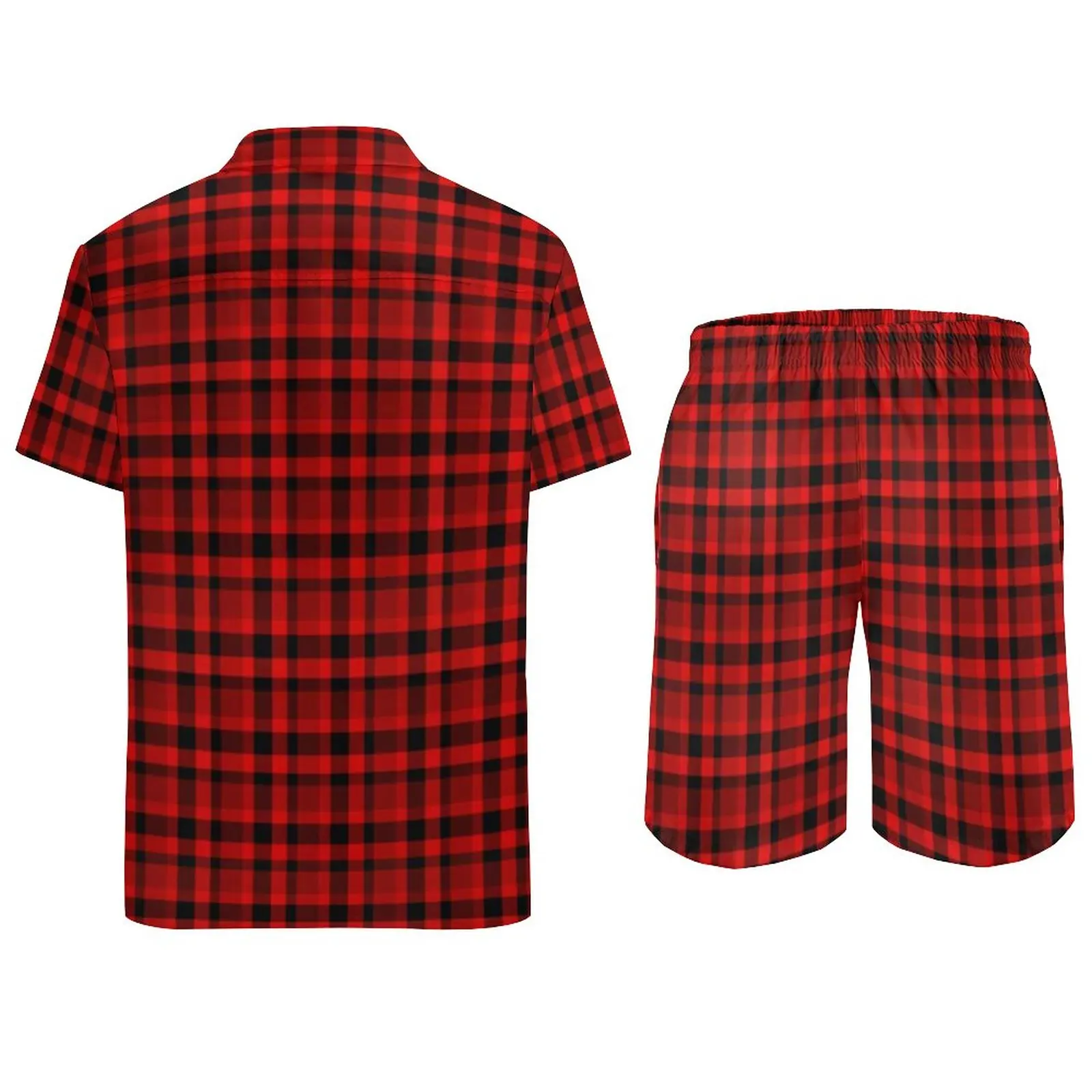 Retro Dama Tahtası Erkekler Setleri Kırmızı Ekose Çiftlik Evi Rahat Şort Tatil gömlek seti Yaz Vintage Takım Elbise Kısa Kollu Büyük Boy Görüntü 2