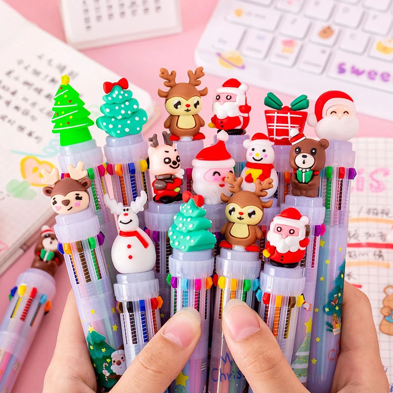 Sevimli Noel Noel Baba Tükenmez Kalem 10 Renk Geri Çekilebilir tükenmez kalem 0.5 MM Okul Yazma Malzemeleri Ofis Kırtasiye Görüntü 1