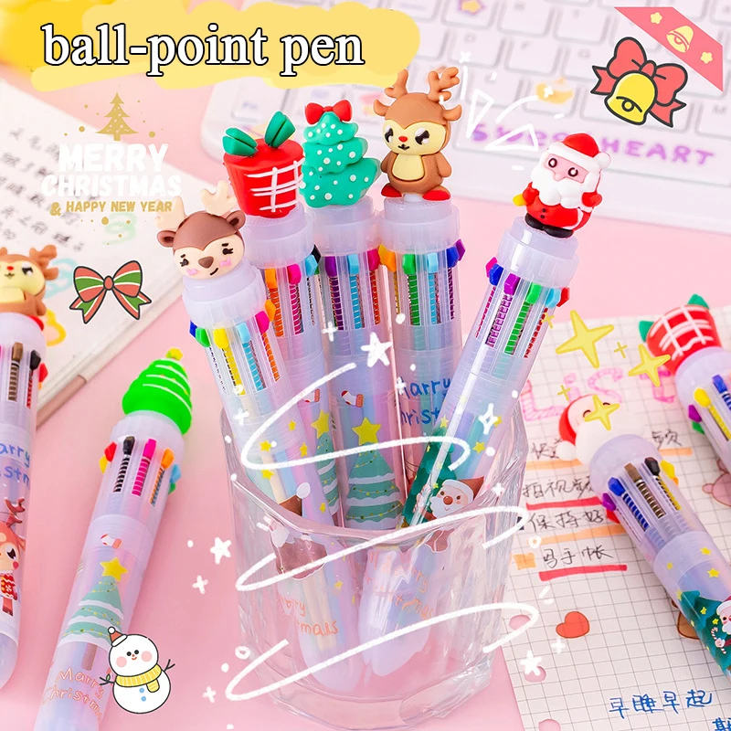 Sevimli Noel Noel Baba Tükenmez Kalem 10 Renk Geri Çekilebilir tükenmez kalem 0.5 MM Okul Yazma Malzemeleri Ofis Kırtasiye Görüntü 2