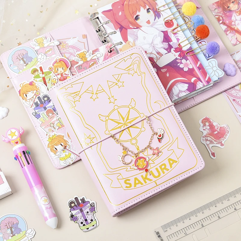 Sevimli Pembe Sakura Anime Gevşek Yaprak Günlüğü Dizüstü Renkli Sayfalar Spiral 6 Delik ciltli defter Dergiler Planlayıcısı Kırtasiye Seti Görüntü 1