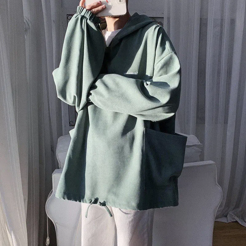 Sonbahar Moda Streetwear Kapüşonlu Sweatshirt Erkekler için Rahat Katı Mektup Baskı Büyük Boy Büyük Cep Kazak Tops Hoodie Giyim Görüntü 3