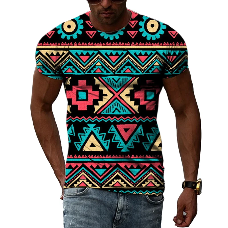 Yaz Unisex Etnik Renkli Desen Kişilik Erkek T-Shirt 3D Moda Trendi Rahat Baskılı Yuvarlak Boyun Kısa Kollu Tees Tops Görüntü 1