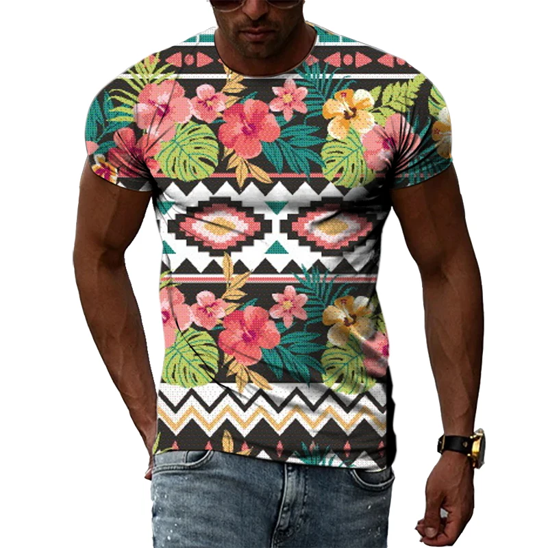 Yaz Unisex Etnik Renkli Desen Kişilik Erkek T-Shirt 3D Moda Trendi Rahat Baskılı Yuvarlak Boyun Kısa Kollu Tees Tops Görüntü 2