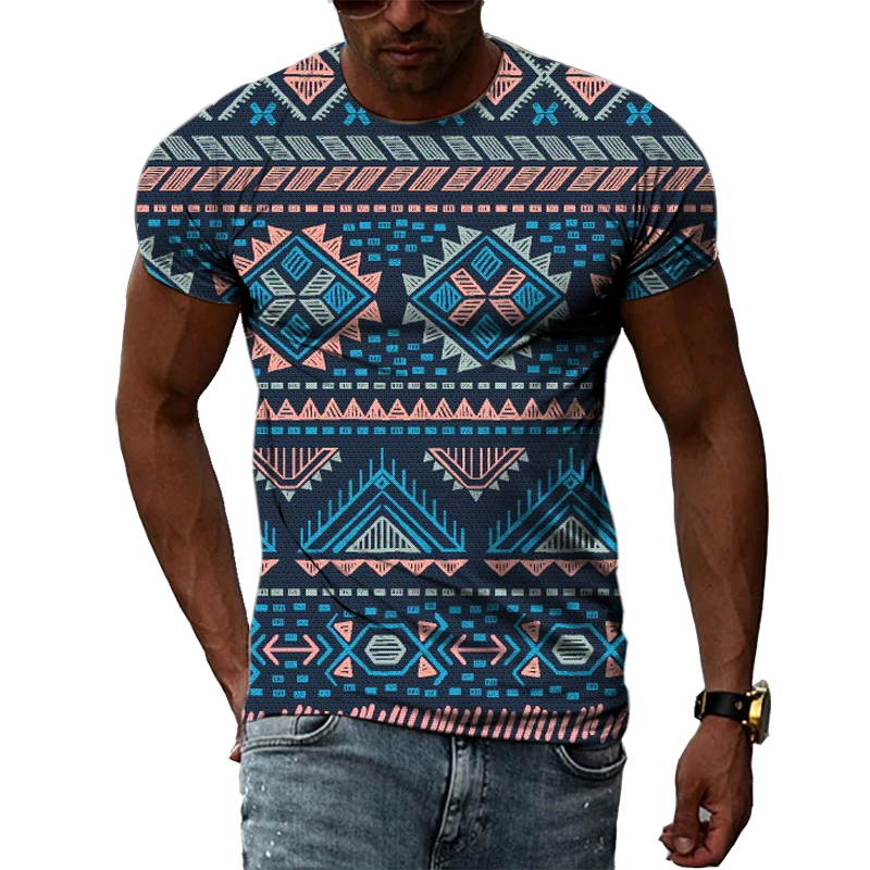 Yaz Unisex Etnik Renkli Desen Kişilik Erkek T-Shirt 3D Moda Trendi Rahat Baskılı Yuvarlak Boyun Kısa Kollu Tees Tops Görüntü 3