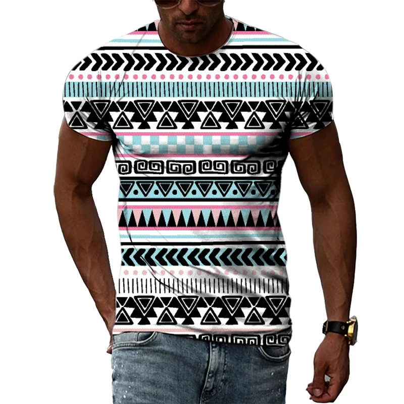 Yaz Unisex Etnik Renkli Desen Kişilik Erkek T-Shirt 3D Moda Trendi Rahat Baskılı Yuvarlak Boyun Kısa Kollu Tees Tops Görüntü 4