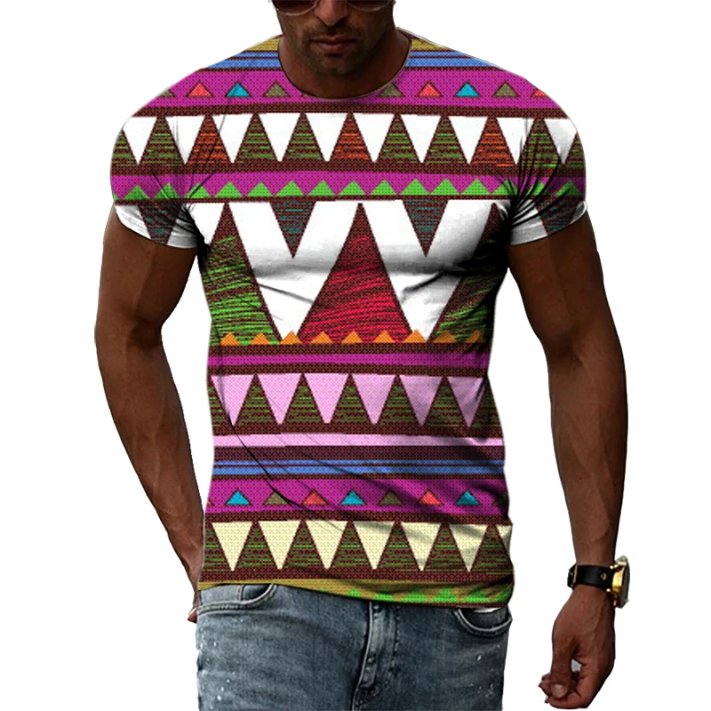 Yaz Unisex Etnik Renkli Desen Kişilik Erkek T-Shirt 3D Moda Trendi Rahat Baskılı Yuvarlak Boyun Kısa Kollu Tees Tops Görüntü 5