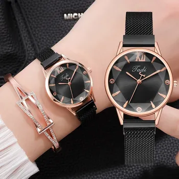 Moda 2 adet Set Kadın Saatler Basit Mıknatıs Çiçek Taklidi İzle Bayanlar kol saati Bilezik Seti Siyah Saat Reloj Mujer 2