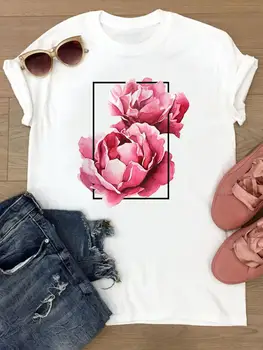 Kadın Çiçek Suluboya Trend Sevimli Kısa Kollu Yaz Kadın Grafik Tee Elbise T Giyim Bayanlar Baskı Moda T-Shirt