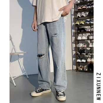 erkekler için yırtık kot hombre erkek yaz 2021 yeni gevşek düz yüksek sokak pantolon Kore Trend Kapriler hip hop streetwear 1