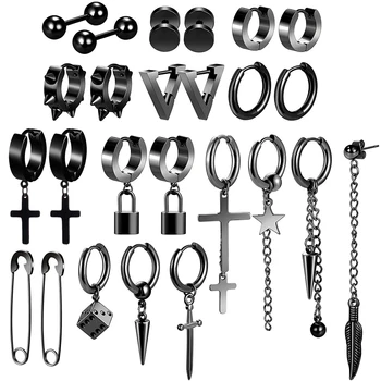25 Adet Siyah Çapraz Dangle Küpe Erkekler için Paslanmaz Çelik Uzun Zincir Piercing Hoop küpe seti Unisex için 1