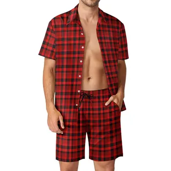 Retro Dama Tahtası Erkekler Setleri Kırmızı Ekose Çiftlik Evi Rahat Şort Tatil gömlek seti Yaz Vintage Takım Elbise Kısa Kollu Büyük Boy