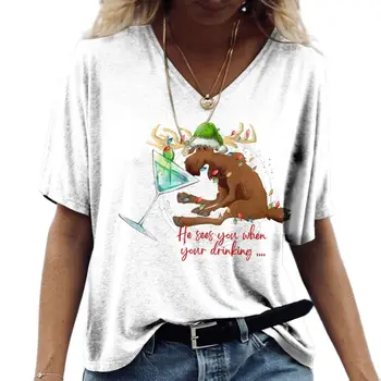 Kadın V Yaka T-shirt Karikatür Elk Kısa Kollu Üstleri Noel Harajuku Bira Grafik Giyim Moda Hip Hop Tarzı Komik Tees 2