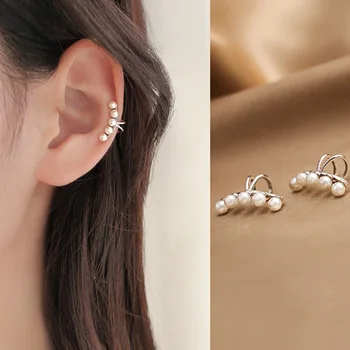 925 Ayar Gümüş İnci Kulak Manşet Klip Küpe Kadınlar için Piercing Olmayan Kemik C şeklinde Küpe moda takı
