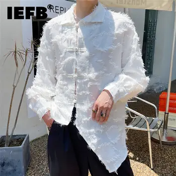 IEFB 2023 Yeni Çin Tarzı Özel Düğme Uzun Kollu Gömlek Moda Düzensiz Tek Kızarmış Yaka Püskül Üstleri Büyük Boy Kumaş