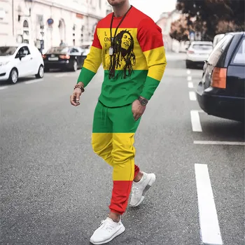 Bob Marley Uzun Kollu spor giyim seti Sonbahar Oyunları Moda Erkekler Uzun Kollu T Gömlek + Pantolon Rahat 2 Parça Spor Koşu Takım Elbise