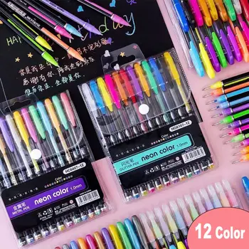 12 Adet Neon Renk Seti Glitter Metalik Floresan Vurgulayıcı Pastel Jel Kalem Sanat Kroki Doodle Boyama Çizim Çocuklar Hediye