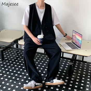Erkekler 2 Adet Setleri Kargo Tasarım Kolsuz Yelekler BF Yaz Katı Pantolon Kolej Tüm Maç Japon Harajuku Gençler Giyim Streetwear