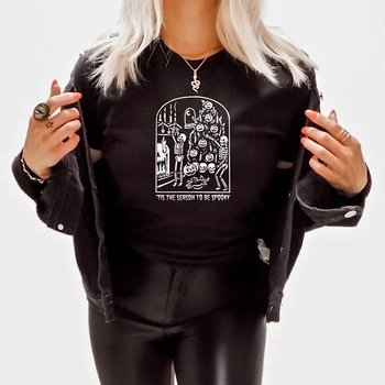 Bu Sezon Spooky Kadın T Shirt Pamuk Grunge Elbise Boho Cadılar Bayramı Cadı Grafik Tee İskelet Tshirt Dropshipping