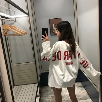 HOUZHOU beyaz tişört Kadın Harajuku Uzun Kollu Boy Tees Kore Moda Temel Üstleri Kadın Mektubu Baskı Streetwear Tüm Maç 1