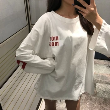 HOUZHOU beyaz tişört Kadın Harajuku Uzun Kollu Boy Tees Kore Moda Temel Üstleri Kadın Mektubu Baskı Streetwear Tüm Maç 2