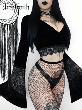 InsGoth Seksi Kadınlar Gotik Kırpma Üst Flare Uzun Kollu dantel kesik dekolte siyah tişört Retro Bodycon Kadın v yaka Üstleri Zarif Üst