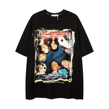 Hip Hop streetwear tişört Erkekler Karakterler Baskı T Shirt Harajuku Pamuk Tshirt Casual Gevşek Kısa Kollu Büyük Boy T Shirt Erkek