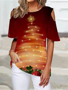 Moda yazlık t-shirt kadın kısa kollu kapalı omuz T-shirt Noel ağacı baskılı Sokak üst kadın yuvarlak boyun T-shirt 2