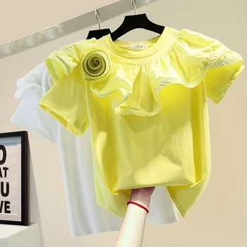 2022 Yaz %100 % Pamuk 3D Çiçek Fırfır Yama T-shirt moda üst giyim Kadın Rahat Tüm Maç Kısa kollu T-shirt Şık Tee Femme 1