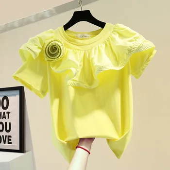 2022 Yaz %100 % Pamuk 3D Çiçek Fırfır Yama T-shirt moda üst giyim Kadın Rahat Tüm Maç Kısa kollu T-shirt Şık Tee Femme 2