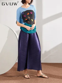 GVUW Baskı Pilili T-shirt Kadın O-Boyun Yarım Kollu Renk Bloğu Moda Gevşek Rahat Üst Kadın Mavi Geniş Bacak Pantolon 17G0765 1