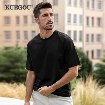 KUEGOU Düz Renk Temel Giyim erkek kısa kollu t-shirt yaz giysileri Moda Büyük Boy Tshirt Erkekler Için Üst Artı Boyutu 8962