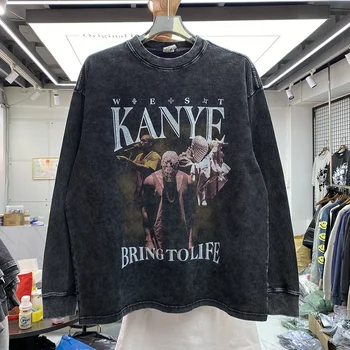 Kanye Sokak Rap Kanye Maskeli İnci Adam Baskılı Su Yıkama Retro erkek Ve kadın Gevşek Uzun Kollu T-Shirt
