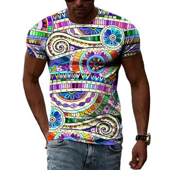 Yaz Unisex Etnik Renkli Desen Kişilik Erkek T-Shirt 3D Moda Trendi Rahat Baskılı Yuvarlak Boyun Kısa Kollu Tees Tops