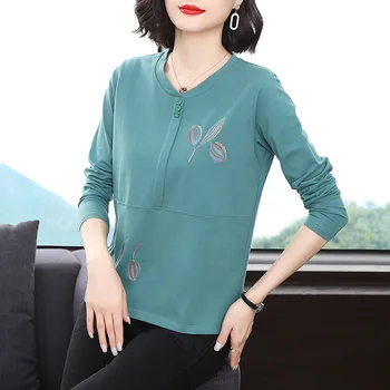 Vetement Femme T Shirt Kadın Nakış Çiçekler 2022 bahar uzun kollu elbise T - Shirt Bayan Üstleri Pamuk Kore Moda Kadın Giysileri